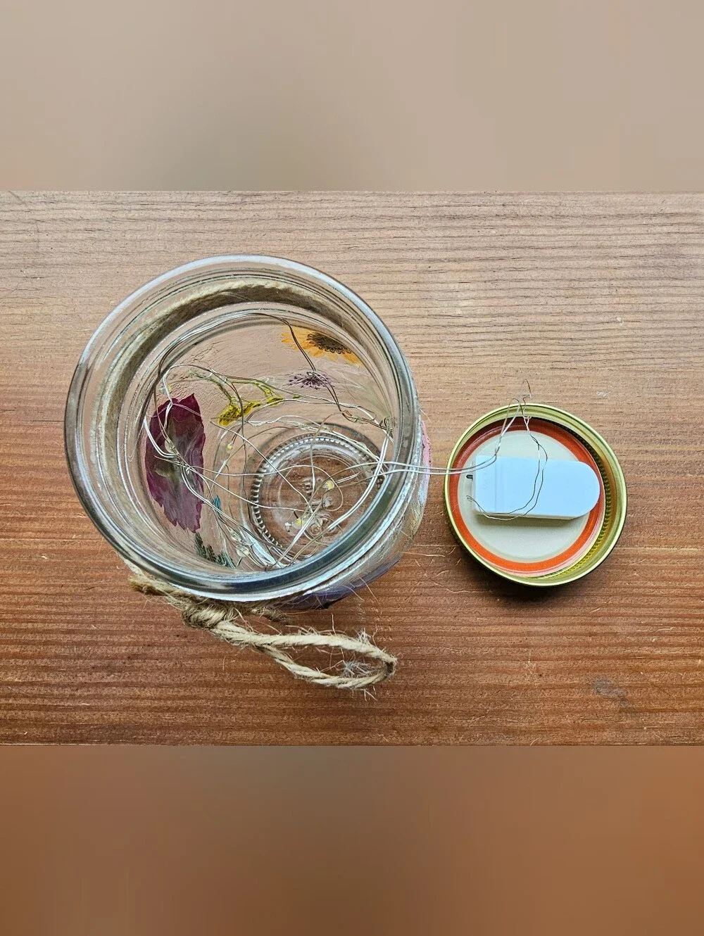 Handmade Floral Mason Fairy Jar Sunset Glow Lantern Nightlight Decor